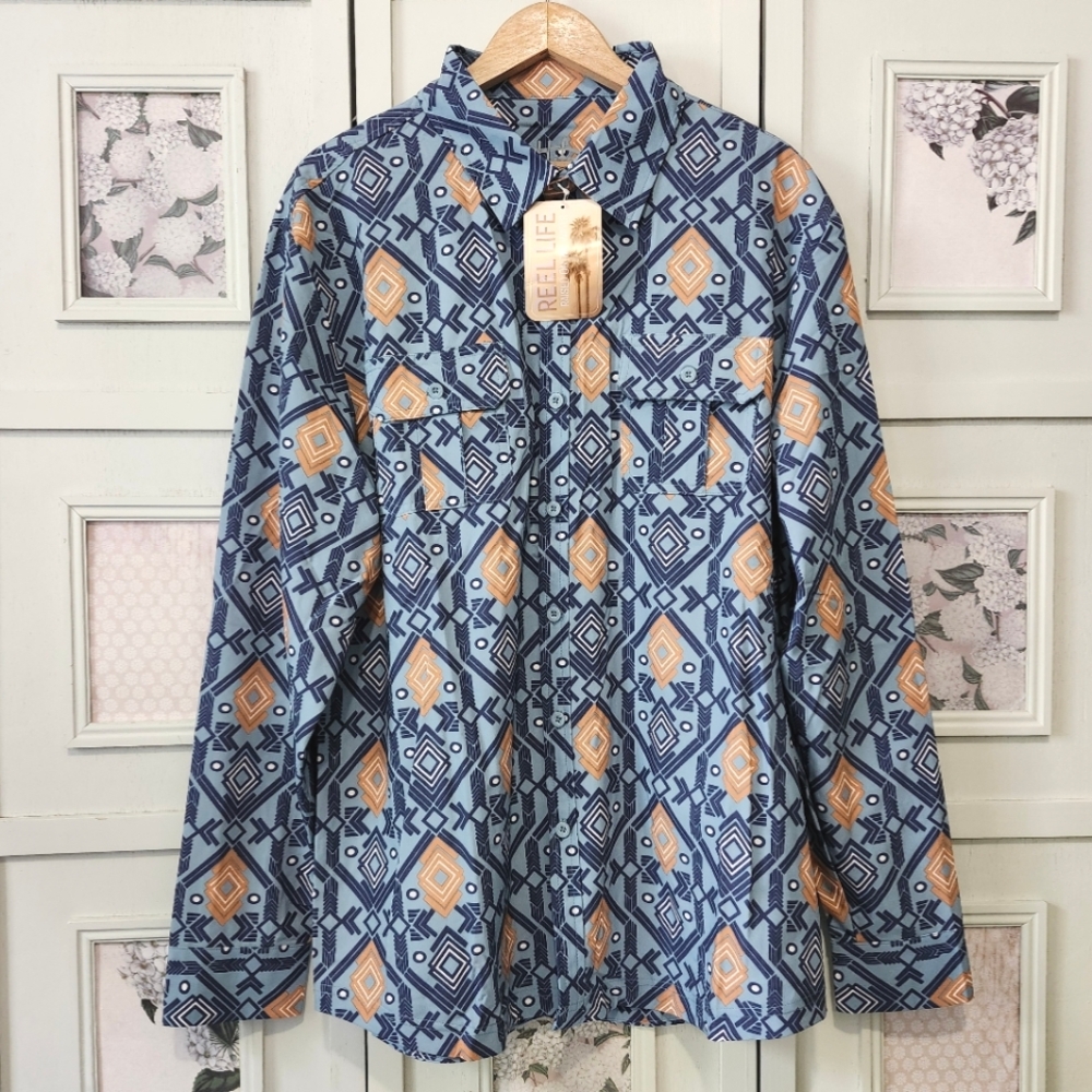 REEL LIFE Jensen Diamond Basket Geometric Woven Shirt Men's Large Stone Blue NWT